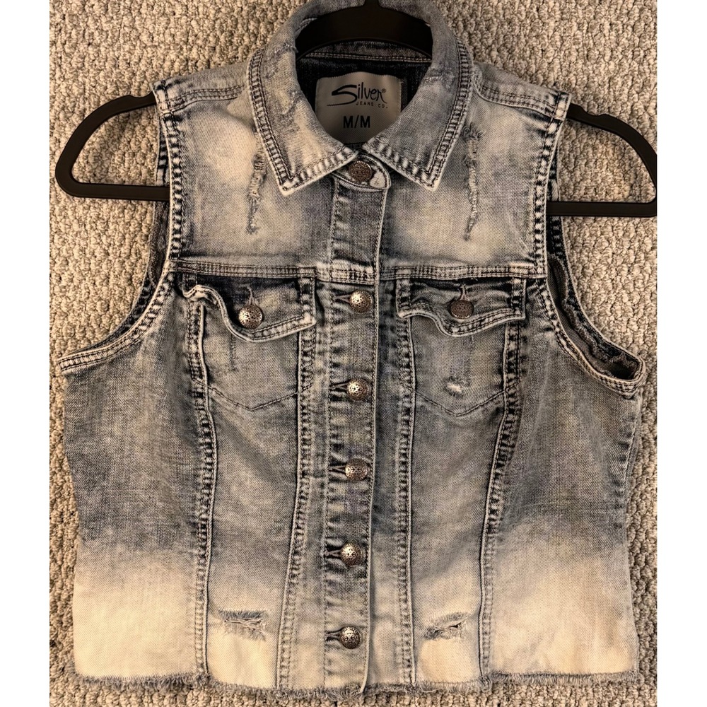 Silver Jeans Co Denim Vest Medium Blue Distressed Y2K Indie Sleaze Moto Grunge M